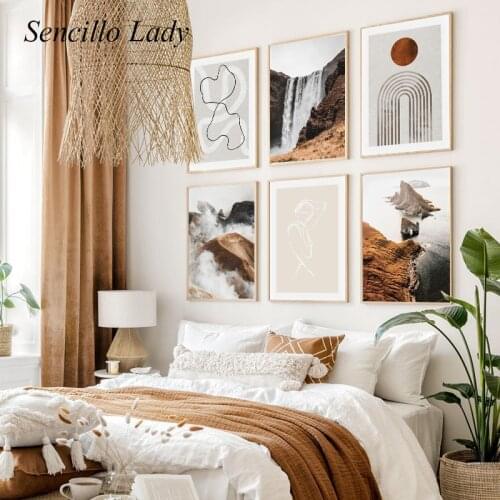 Waterfall Mountain Nature Landscape Painting Scandinavian Decoration Poster Nordic Wall Art Print Abstract Decorative Picture