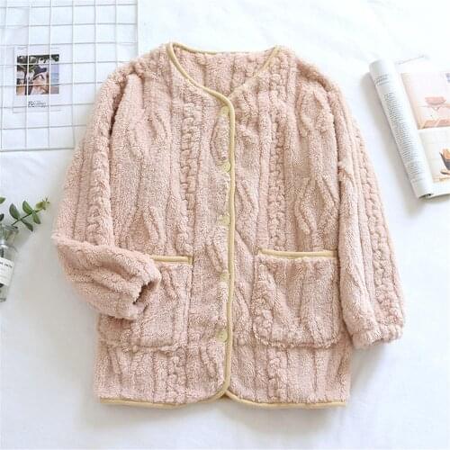 Women Long Sleeve Buttons Cardigan Coral Fleece Pajamas Lady Winter Warm Solid Flannel Tops Pajama Loose Nightgown With Pockets