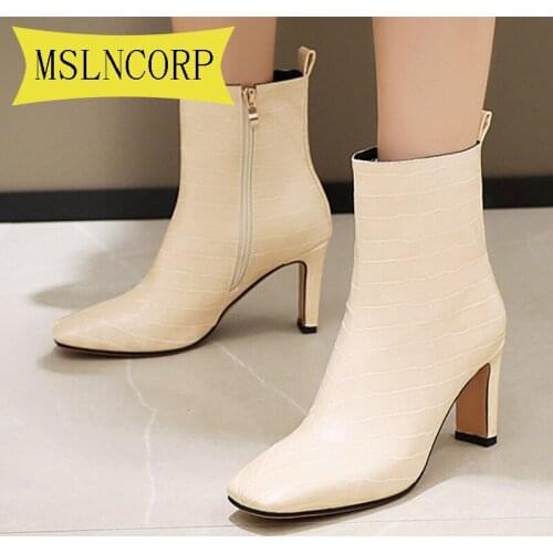 Big Size 34-48 Women Square Toe Ankle Boots Fashion Zipper Strap High Heel Winter Shoes Woman Zipper Office Lady Street Footwear