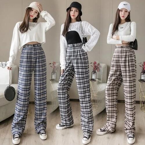 Woman Checked Suit Pants Plaid High Waist Casual Trousers Streetwear Ladies 2021 Chic Harajuku Autumn Baggy Straight Leg Pants