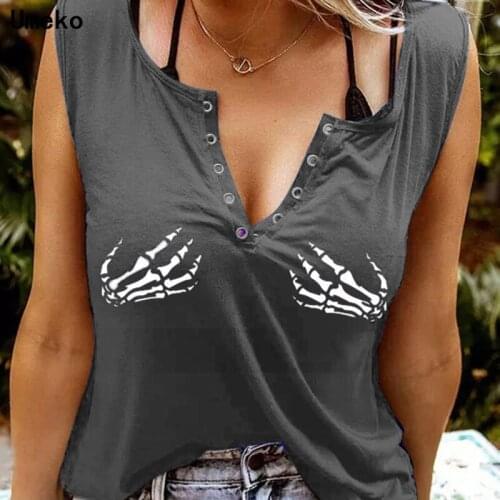 Womens Tops Skull Skeleton Hands Printing Sleeveless 2021 Summer New Fashion T Shirt Funny Tops Graphic Tees Harajuku T-shirt