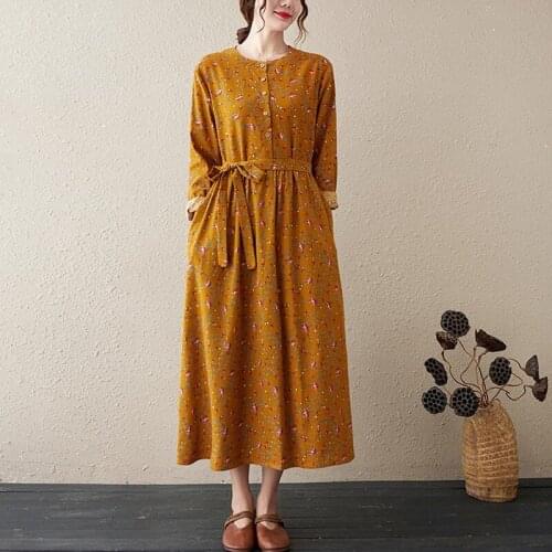 Women Cotton Linen Casual Dress New 2021 Autumn Vintage Style O-neck Floral Print Loose Ladies Elegant A-line Long Dresses B1031