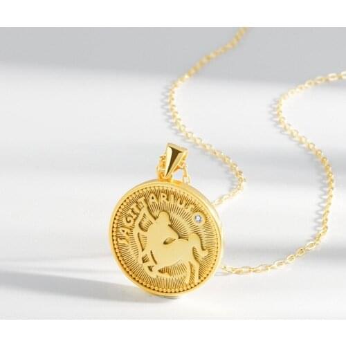 Binmonray 925 Sterling Silver Constellation Tianma Sagittarius Lucky Emboss Pendants Necklace Women Fashion Gold Coin Jewellery