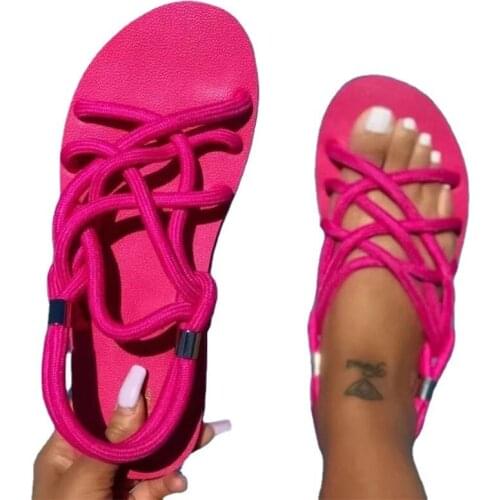 2021 European and American flat-soled womens shoes hemp rope set foot beach shoes sandals Large size sandals womens summer