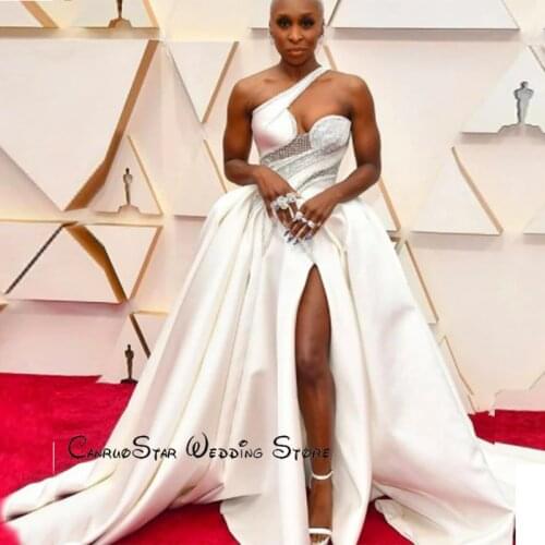 White Ball Gown Prom Dresses 2021 One Shoulder Beading Side Slit A Line Long Evening Dresses Zipper Back Custom Made