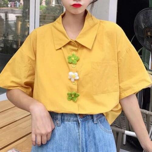 Summer Womens Loose Casual Tops Student Shirt Flower Solid Color Women Loose Buttons Blouse for School Plus Size Clothing