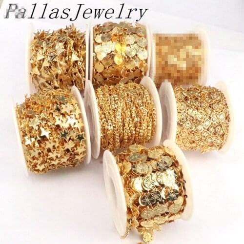 New Arrival 5Meters Heart Star Round shape Chains For Jewelry Making, Gold Color Brass Chain DIY Necklace Bracelet Accessories