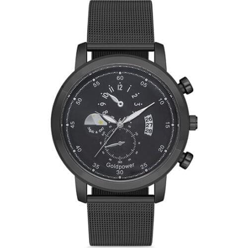 Goldpower Black Mesh Watchband Metal Case Men 'S Wristwatch Clock