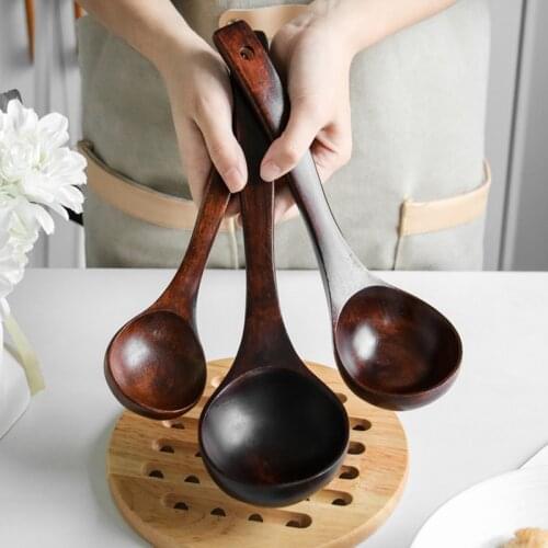 1pc Long Spoons Wooden Korean Style Natural Wood Long Handle Round Spoons for Soup Cooking Mixing Stirrer for Home Kitchen