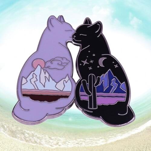 Adventure cat explorer enamel pin Black and white kitty kiss sun moon cactus Natural scenery brooch badge