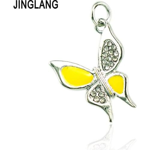 JINGLANG 12 pieces/lot Animal Charms Rhinestone Yellow Enamel Butterfly Pendants DIY Charms For Jewelry Making Accessories