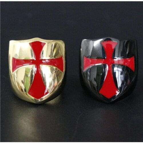 Size 8~13 Fashion Mens Women Golden Shield Red Cross Ring 316L Stainless Steel Jewelry Newest Biker Ring