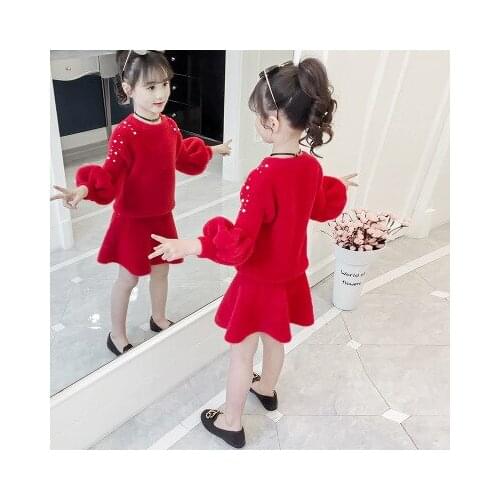 New 5-10 year old girl autumn solid color mink cashmere suit sweater + dress round neck fashion warm girl fashion two-piece suit