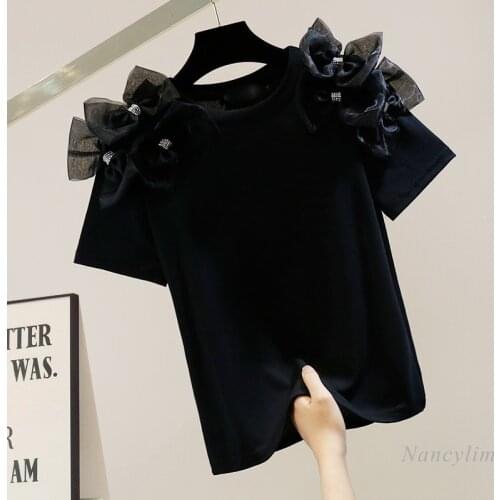 Fashion Tshirt for Women New Korean Style Heavy Industry Bow Three-Dimensional Decoration Stretch Knitted Shirts Lady Chic Top