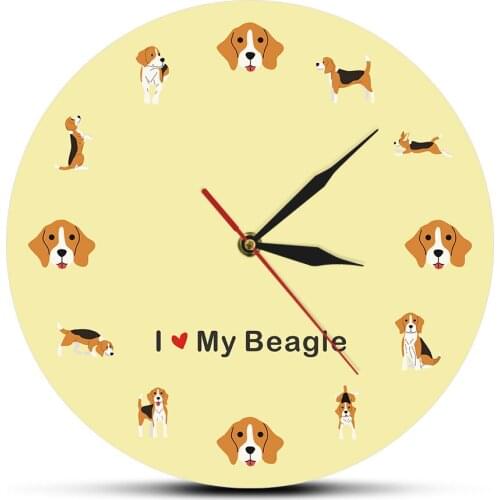 I Love My Beagle Cartoon Puppy Wall Clock English Beagle Dog Breed Wall Art Silent Quartz Wall Watch Doggie Pet Store Owner Gift