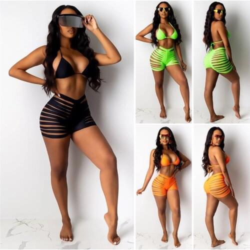 2020 New Fashion Women Summer Sexy Bikini Set Paded Bandage Swimsuits Swimwear Bathing Suits Beachwear High Waist Mesh Short