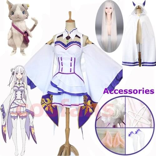 Anime Re Zero Kara Hajimeru Isekai Seikatsu Emilia Cosplay Costumes Wigs Women Emilia Dress With Headdress For Halloween Party