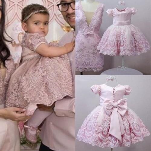 Real Image Pink Mom and Daughter Dresses Lace Infant Toddler Flower Girl Dress for Wedding Lace Applique Baby Birthday Dress