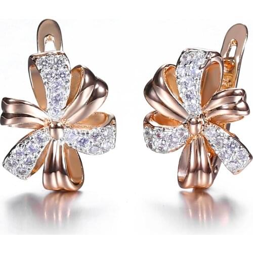 585 Rose Gold Stud Earrings Clear Cubic Zircon Bow Flower Earrings for Women Girls Fashion Jewelry Gifts LGE313