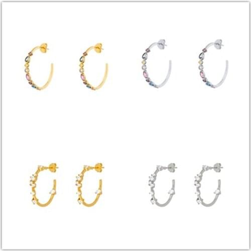 925 Sterling Silver Ear Needle Semicircle Earrings Colorful Crystal Earrings Rainbow Jewelry Boho Stud Earrings For Women