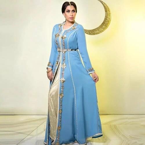 Blue Moroccan Kaftan Caftan Muslim Evening Dresses A-line Long Sleeves Chiffon Appliques Dubai Arabic Turkey Abaya Islamic Gown