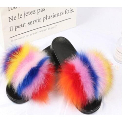 Fox Fluffy Fur Slides Women Shoes Fashion Slippers Wholesale Flat-bottomed Home Real Hair Slippers Girl Sandals Flip-flops