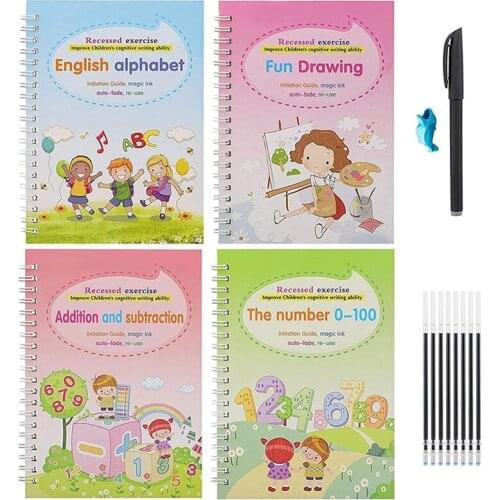 4 Books + Pen Magic Exercise Book Free Wipe Childrens Toys Writing Stickers Calligraphy Sticker Book Écriture Et Correction