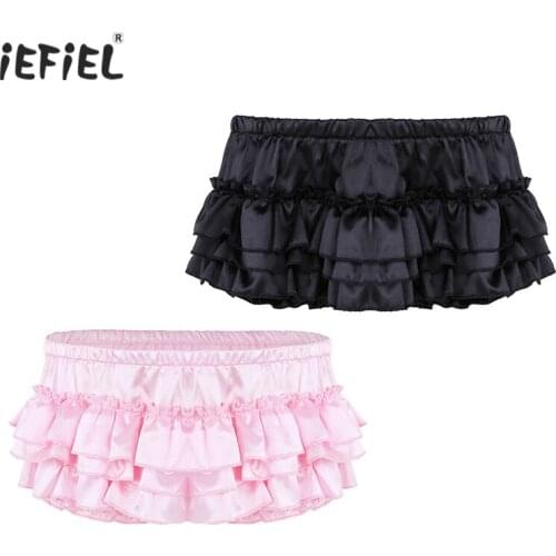 Mens Sexy Lingerie Soft Shiny Sissy Panties Briefs Satin Ruffled Tiered Skirted Panties Sissy Briefs Good Stretchy Gay Underwear