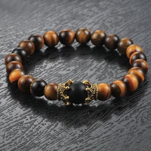 High Quality King Queen Crown Tiger Eyes Natural Stone Beads Elastic Bracelets Charm Men Women Bangles Jewelry Pulseira bileklik