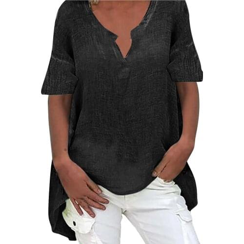 Womens Plus Size Tunic Tops And Blouse Short Roll Sleeves Blouses V Neck Henley Shirts Vintage Cotton Linen Blusas Camisas Топ