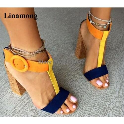 Ladies Fashion Open Toe Patchwork Color Suede Leather T-strap Chunky Heel Sandals Ankle Strap Big Buckle Thick High Heel Sandals