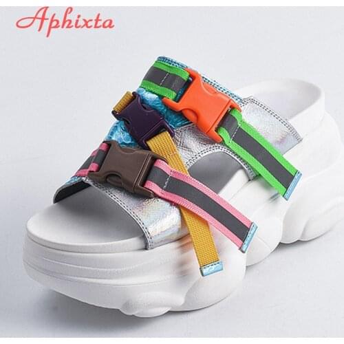 Aphixta Platform Heels Slides Woman Sequined Women Slippers Wedge Buckle High Ladies Shoe Wedges Slippers Summer Shoes Woman