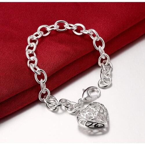 Womens 925 Sterling Silver Fine Fashion Lucky Jewelry Hollow Heart Charm 8'' Chain Lobster Clasp Bracelet Bangle For Women Gift