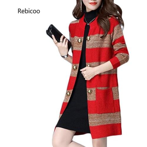 New Fashion Spring Autumn Big Size Loose Korean Version Sweater Cardigans Feminino Double Breasted Pockets Thin Coat