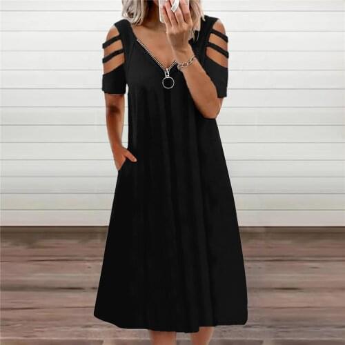 V Neck Zipper Hollow Out Dress Women Summer Elegant Solid Fashion Pocket Short Sleeve Party Dress Casual Plus Size