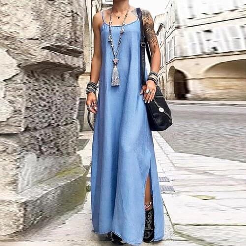 Women Casual Sleeveless Solid Color Adjustable Straps Slitting Hem Long Dress