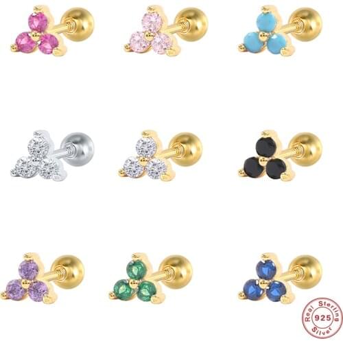 Aide 925 Sterling Silver Rainbow Zircon Stud Earrings For Women Three Round Crystal Floral Piercing Cartilage Ear Studs Jewelry