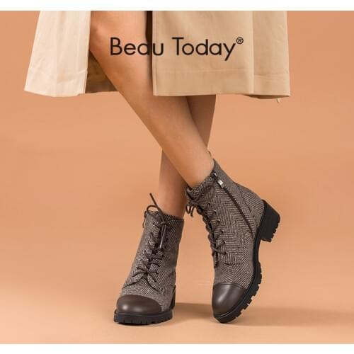 BeauToday Women Ankle Boots Cow Leather Plaid Cloth Patchwork Round Toe Lace-up Design Shoes with Side Zipper Handmade 03835