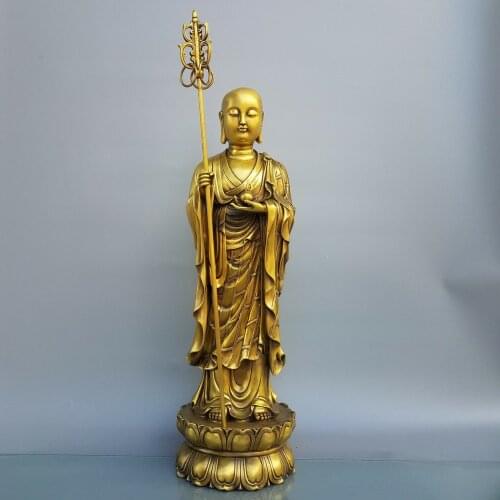 24" Chinese Seikos Bronze Ksitigarbha Buddha Standing Buddha Take the staff In a robe Amitabha statue Enshrine the Buddha
