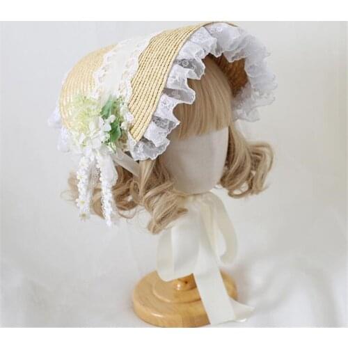 Tea Party Lolita Straw Hat Flat Hat Bonnet Mori Girl Women Elegant Princess Multi Layer Lace Flower BNT B1773