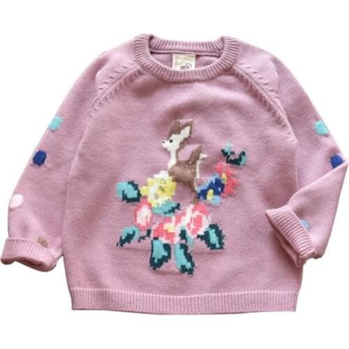DFXD Children Knitwear Baby Girls Sweaters Spring Autumn Korean Kids Long Sleeve Cotton Cute Deer Embroidery Pullover 2-8Years