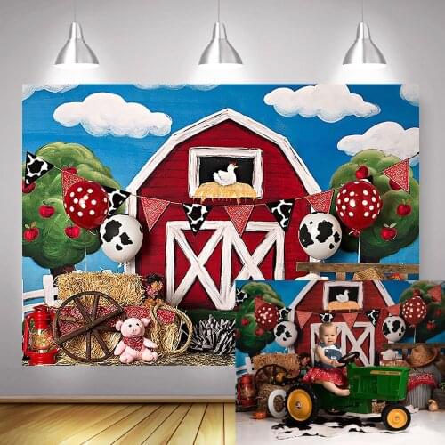 Farm Theme Newborn Baby Portrait Photography Backdrop Red Barn Barnyard Animals Birthday Party Background Photocall Photo Studio