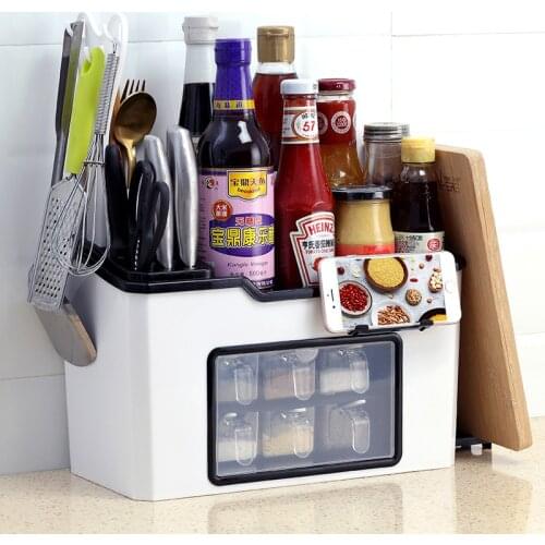 Large Capacity Seasoning Storage Box Plastic Kitchen Storage Rack Knife Jar Spoon Organizer Holder Case with Phone Stand Rack