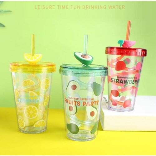 Creative Plastic Straw Cup Fruit Print Summer Outdoor Swirl Straw Tumbler Water Drinking Cup Bottle Mug