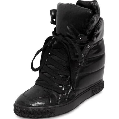 Drop Shipping Winter New Women Solid Black Sliver 8 cm Height Increasing Round Toe Lace Up Front Outdoor Casual Sneakers Shoes