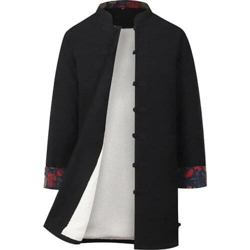 Winter Mens Tang Suit Mid-length Linen Cotton Thick Coats Chinese Traditional Tops Men Chinese Clothes Long Jackets Chino Tops