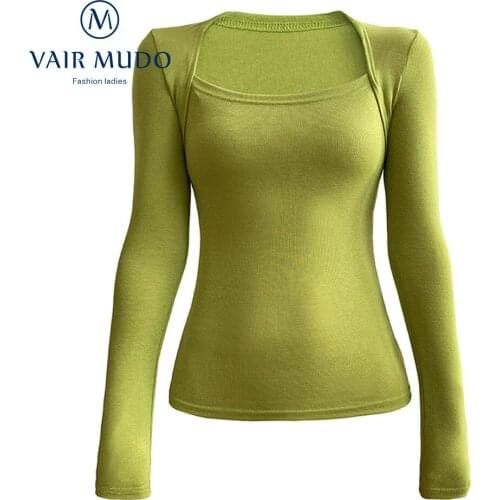 ClothesGentle Long-Sleeved Square-Neck T-Shirt Womens Slim Slimming Fake Two-Piece Tops Early Autumn Solid Color BottomingY-309