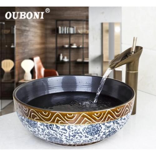 OUBONI Waterfall Antique Brass Art Ceramic Vessel Sink Bathroom Faucet Bathroom Sink Set & Design Black Inside Basin Mixer Tap