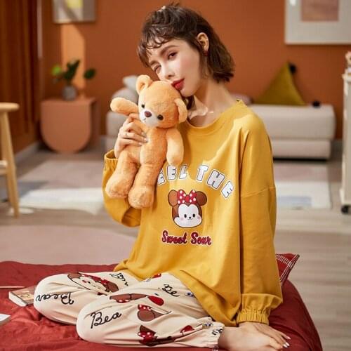 Sleepwear Women Cotton Comfort Winter Long Sleeve Pullover Pajamas Blue Stitching Womens Home Clothes