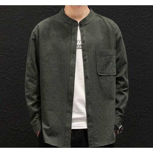MrGB Cotton Linen Mens Long Sleeve Shirts 2021 Korean Solid Color Stand Up Collar Man Oversized Blouses Tops Male Shirt